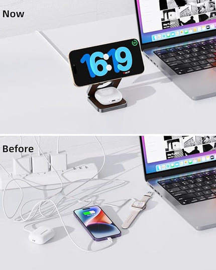Foldable Magnetic Wireless Charger, KU XIU Aluminum Alloy 3 in 1 Charging Station for Apple, Fast Charging Travel Charger for iPhone 17 16 15 14 13, 5W for Apple Watch Ultra, AirPods, Leather Texture