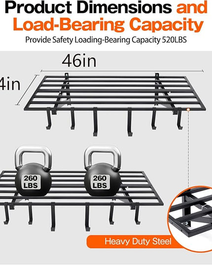 Garage Wall Shelving, 2X4ft Garage Storage Rack,Heavy Duty Wall Mounted Storage Shelf With 12 pc Hooks-Each Loads 260lbs Metal Wall Shelf,Black,2Pack