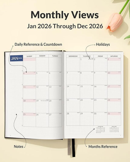 SUNEE 2026 Daily Planner A5 Hardcover – Hourly Schedule Organizer with Monthly Tabs & Task Tracker – Black Cover Time Management Notebook for Work, School, Personal Goals