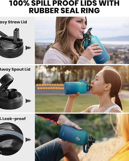 Insulated Water Bottle 64 oz, Triple Wall Vacuum Stainless Steel (Cold for 48 Hrs), Leak Proof & Non-BPA, Half Gallon Water Flask Jug with Paracord Handle & Straw Spout Lids, Cyan Blue