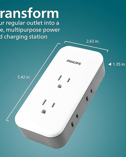 Philips All-in-One Surge Tap with USB, 2 Grounded & 4 Polarized Outlets, 1 USB-C & 1 USB-A Port (15W Shared), 490 Joules, ETL Certified, White/Gray, SPP3503GW/37