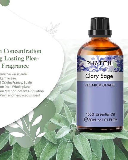Clary Sage Essential Oil, 1.01Fl.Oz (30ML) PHATOIL Pure Essential Oil Singles for Aromatherapy Diffusers, Humidifiers, Great for DIY Candle and Soap Making, Gift for Friend
