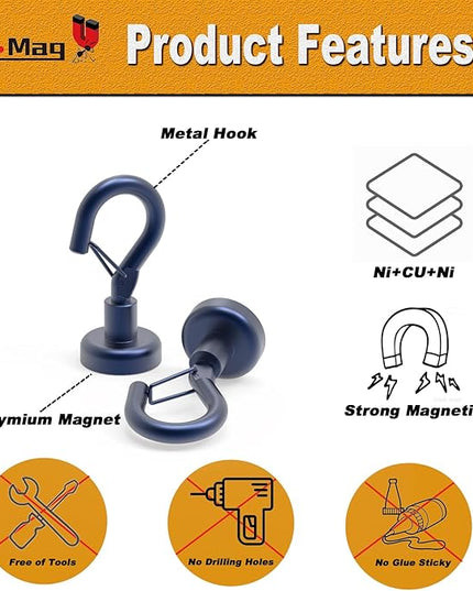 Ant Mag Magnetic Hooks Heavy Duty with Snap 22lbs Strong Blue Magnet Hooks Great Hanging for Refrigerator, Cruise Cabin, Grill, Wreath,Kitchen,Office 8 Pack