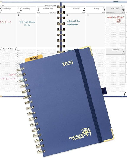 POPRUN 2026 Planner (Medium Size 8.5'' x 6.25'' Wire-Bound Hard Cover) Daily Weekly and Monthly Calendar - Agenda 2026 (Jan.2026-Dec.2026) with Hourly Schedule, Monthly Tabs - Navy Blue