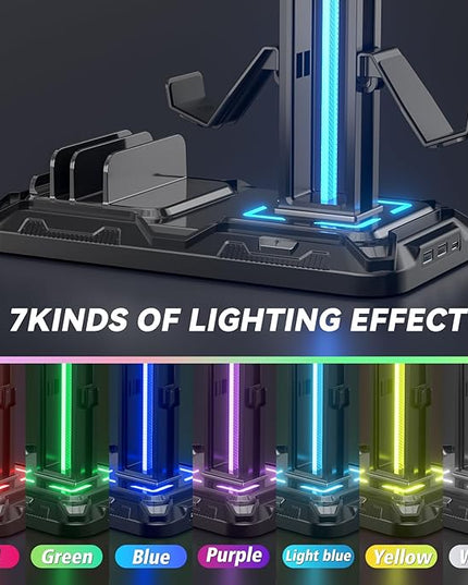 KDD Headset Stand with Charging Station - Detachable Controller Holder with 9 Light Modes - Rotatable Headphone Hanger with USB A&C Charger Ports - Earphone Hook for PC Gaming Accessories Storage