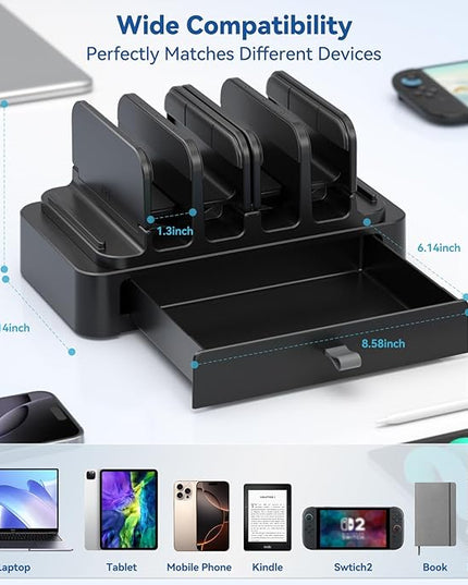 KDD Vertical Laptop Stand with Drawer - 7-in-1 Space-Saving Laptop Holder with Gravity Locking Fits MacBook, Dell, HP, Chromebook, Surface Pro, Tablet, Cell Phone, Switch, Keyboard Desktop Organizer