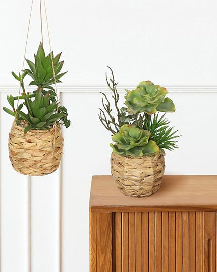 10" Large Succulents Plants Artificial in Wooden Pots, Fake Succulents in Woven Pots, Faux Succulent Artificial Plants Indoor for Home, Bedroom, Living Room, Bathroom Desk Shelf Table Decor