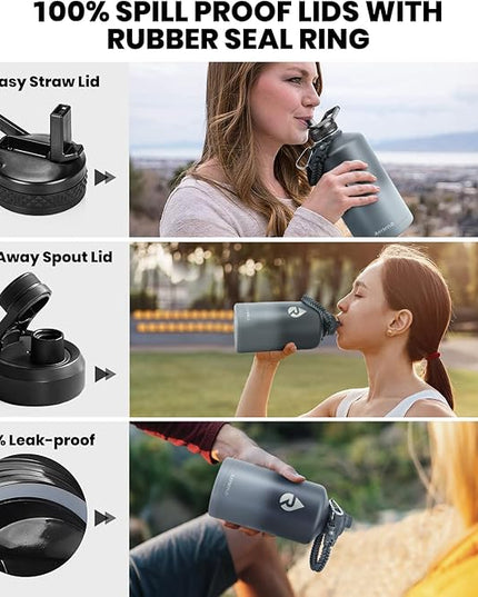 One Gallon Water Bottle Insulated, Triple Walled Vacuum Stainless Steel (Cold for 48 Hrs), Leak Proof & Non-BPA, Large Water Flask Jug with Paracord Handle & Straw Spout Lids