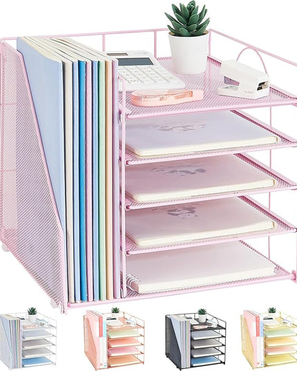 LEKETREE Desk Organizers and Accessories, 5-Tier Paper Letter Tray Organizer with File Holder, Desktop Organizer for Office Supplies (Pink)