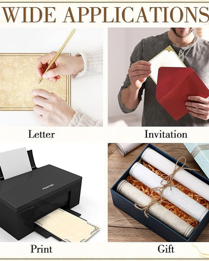 Supervitae 120 Vintage Stationery Paper, 8. 27 x 5. 51 Inch Double Sided Printing Antique Gold Border Elegant Retro Decorative Letter Sheets for Love Letter Party Invitations, 6 Designs