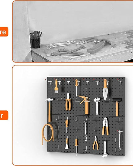 TORACK Metal Pegboard Wall Organizer 24" x 24" or 12" x 48", 70 PCS Tools Storage Pegboard for Garage Tool Organizer Peg Board with Pegboard Hooks for Workbench(Black)