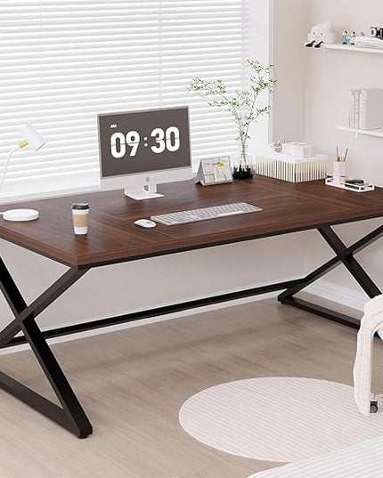 IBF Large Computer Desk, 70.8” Long Home Office Desk for Writing, Modern Simple Executive Work Desk for Study, Wood Metal Double PC Gaming Workstation Computer Table for Bedroom, Walnut, 70 inch