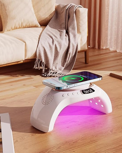 5 in 1 mutifunction Mobile Wireless Charger with Bluetooth Speaker, UV Nail Lights, Clock Alarm,Night Light