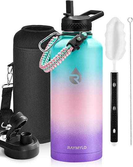 Insulated Water Bottle 87 oz, Triple Wall Vacuum Stainless Steel (Cold for 48 Hrs), Leak Proof & Non-BPA, Modern Water Flask Jug with Paracord Handle & Straw Spout Lids, Hydrangea