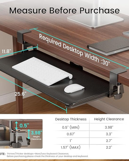 NearHub Large Keyboard Tray Under Desk Slide Out with Extra Sturdy C Clamp Mount System,26'' (30'' including Clamps) x11 Slide-Out Keyboard Drawer Under Desk for Typing,Keyboard Mouse Tray,Black