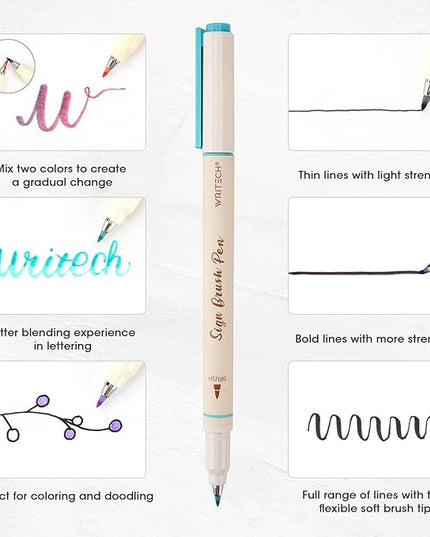 WRITECH Arts Sign Brush Pen Brush Tip Marker Felt Tip Water Based Ink Color Pens 12 Assorted Pastel Colors Great for Lettering, Journaling, Calligraphy (Natural)
