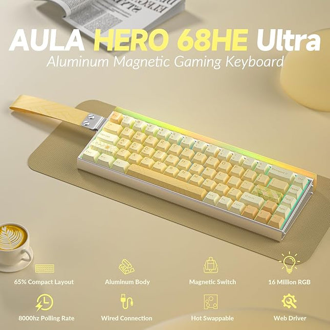 AULA Hero 68 HE Ultra - Wired Gaming Keyboard with Hall Effect Magnetic Switch, CNC Aluminum Frame, 8KHz Polling Rate, RGB Box & Backlight, Adjustable Actuation, 65% Compact Small Gamer Keyboards
