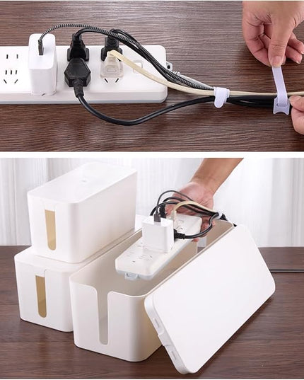 3 Pack Cable Management Box with 18 PCS Cable Management Set - Large & Medium & Small Cable Organizer Box to Hide Wires & Power Strips | TV Cord Organizer Box | for Home & Office, White