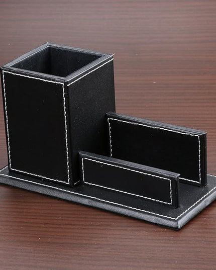 KINGFOM PU Leather Desk Organizer and Accessories, Pencil Holder for Desk with Business Cards Stand, School Office Supplies Collection Caddy Black