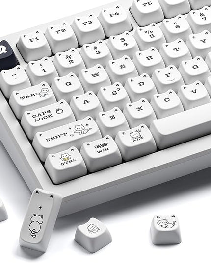 XVX Cute Cat Keycaps, Mao Profile White PBT Keycaps, 143 Keys Meow Meow Keyboard Keycap Sets Compatible with 65% 75% 96% 100% Cherry Gateron MX Switches Mechanical Gaming Keyboard