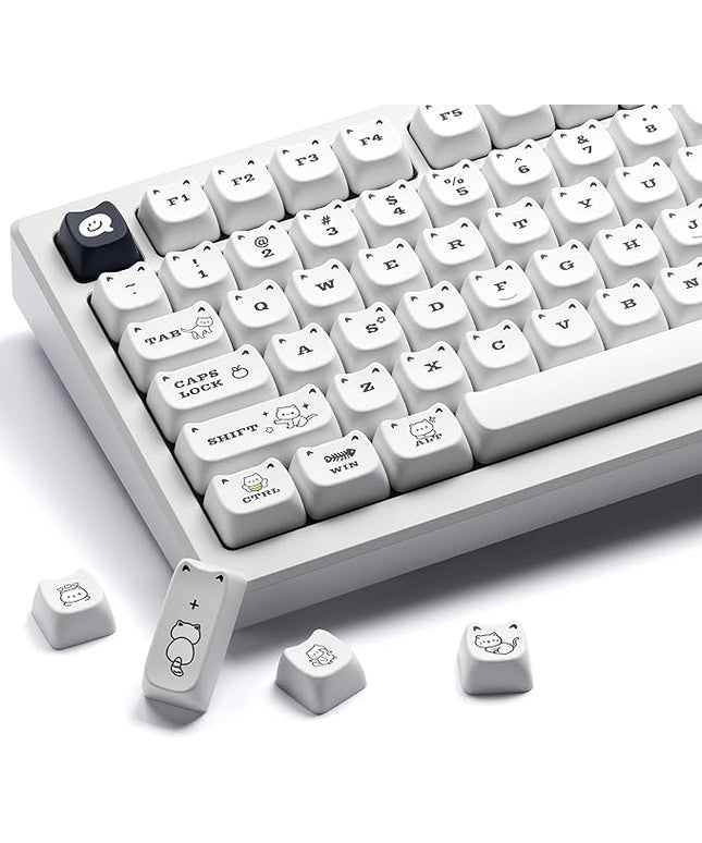 XVX Cute Cat Keycaps, Mao Profile White PBT Keycaps, 143 Keys Meow Meow Keyboard Keycap Sets Compatible with 65% 75% 96% 100% Cherry Gateron MX Switches Mechanical Gaming Keyboard