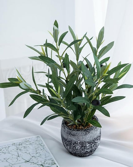 Ewtogift Indoor Faux Olive Plant 12 inch Artificial Silk Leaves in Elegant Planter Perfect Fake Olive Branches with Realistic Trunk and Lifelike Fruits Tabletop Greenery Decor for Home Office
