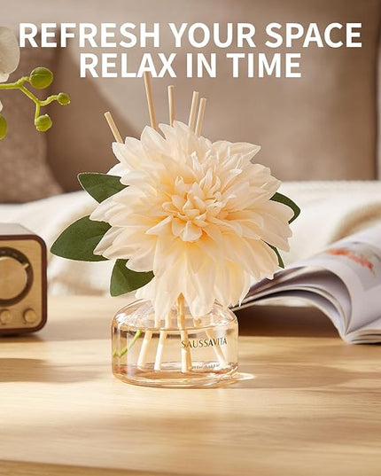Saussavita Reed Diffuser Set for Home, 7.1 fl oz / 210 ml - Tangerine Scent Diffuser with Sticks Home Fragrance Flower Reed Diffuser with Plastic Flowers for Bathroom Shelf Décor