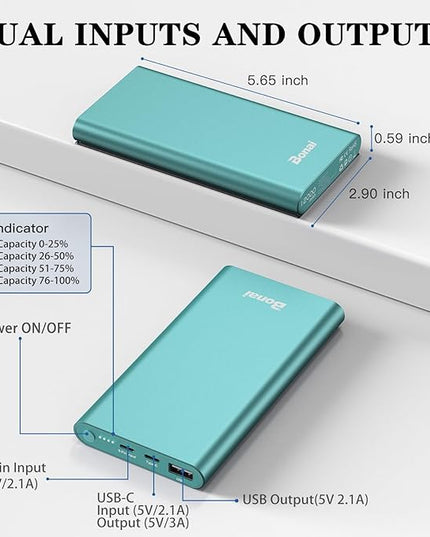 BONAI Portable Charger 12,000mAh 5V/3A Fast Charging Power Bank, Dural Input & Output Ports (USB-C in & Out) Portable Phone Charger for iPhone 17/16/15/14/13/12 Series Galxy Android iPad etc - Mint