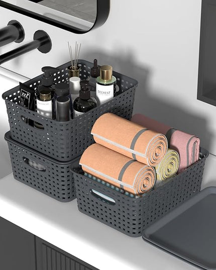 Zopnny 8 Pack Plastic Shelf Organizer Baskets, Small Weave Storage Basket with Lid, Gray