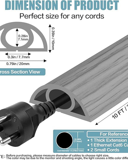 Floor Cord Cover Self Adhesive Cord Hider,10FT Cable Management, Extension Strip Protector for Wires, Prevent Cable Trips for Offices, Gyms, Exhibitions Cavity:0.3"(W) x 0.28"(H) Gray Wood