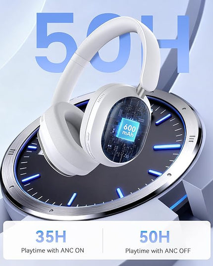 Hybrid Active Noise Cancelling Headphones, Over Ear Bluetooth 6.0 Wireless Headphones, 50H Playtime, Deep Bass, HiFi Stereo Sound（White）