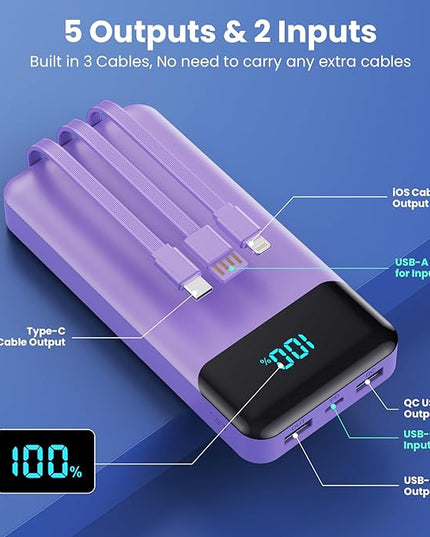 Portable Charger 40800mAh Power Bank with 3 Built-in Cables,PD 25W USB C in&Out Power Bank Fast Phone Charging,QC4.0 5 Output Travel Camping Essential Battery Pack for iPhone 17/16,Samsung etc-Purple