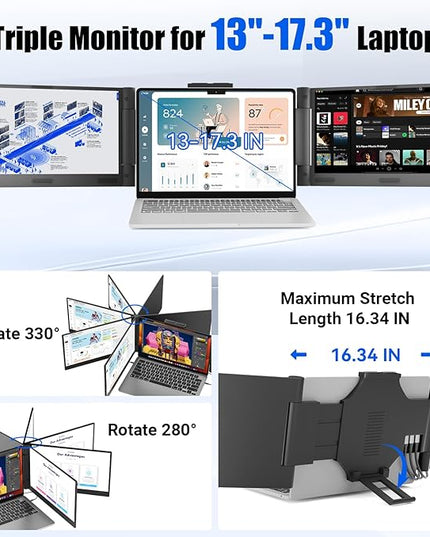 Laptop Screen Extender 14 inch Laptop Monitor Extender 1080P IPS, Triple Portable Monitor for Laptops 13-17.3" with USB-C DP/HDMI Port, Plug-Play Portable Screen for Windows/Mac/Chrome/Android