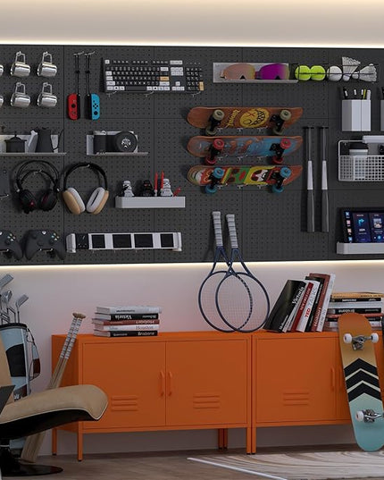 Peg Board,4 Pack Metal Pegboard Panels and Accessories,Heavy Duty Peg Board with 8 Pieces Hooks, Black Wall Pegboards Organizer for Garage,Bedroom,Ornaments Display