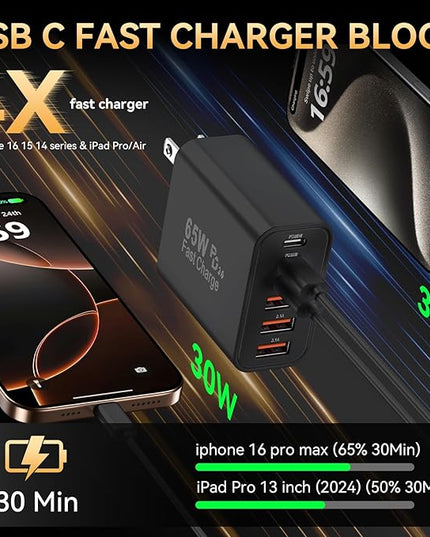 USB C Fast Charger Block, iPhone Charger Fast Charging Blocks 65W Multi Port Charger 6-Ports PD & QC Charging Cube Brick Power Adapter Type C Wall Chargers for iPhone 17/16/15/14/13/12 Pro Max, iPad