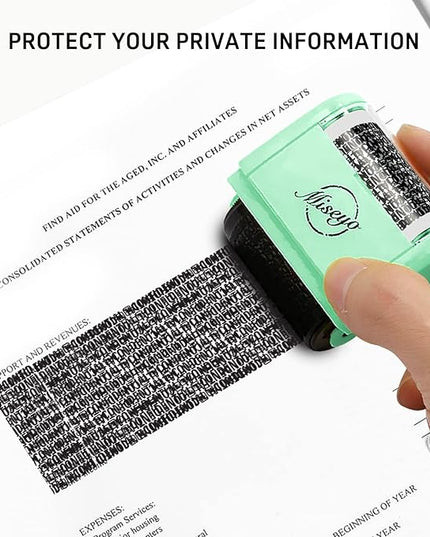 Miseyo Wide Identity Theft Protection Roller Stamp Set - Mint Green (3 Refill Ink Included)