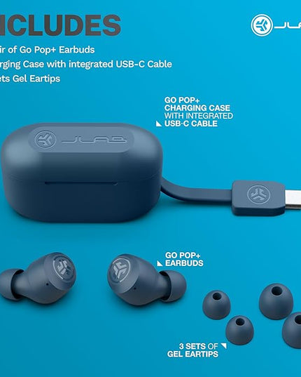 JLab Go Air Pop+ True Wireless Earbuds, in Ear Headphones, Bluetooth Earphones, 35H Playtime Ear Buds, Bluetooth Earbuds with Microphone, USB-C Charging Case, Dual Connect, EQ3 Sound, Navy Blue