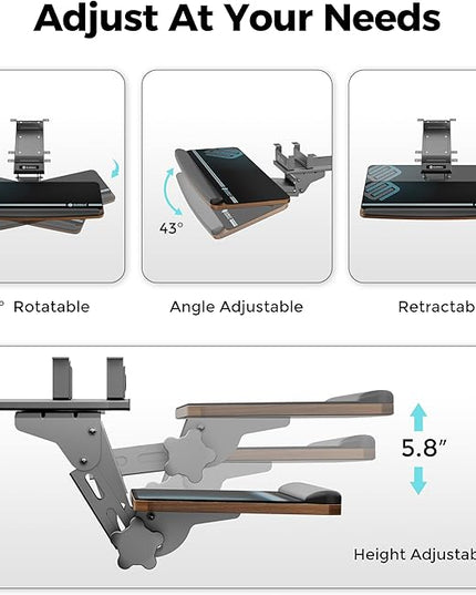 EUREKA ERGONOMIC Keyboard Tray Height Adjustable, Swivel Tilt Computer Keyboard Drawer Under Desk, 25x9.13'' Sliding Keyboard & Mouse Platform with Mouse Pad for Typing, Walnut