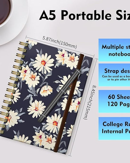 Spiral Journal Notebook, A5 Cute Notebooks for Women Men, College Ruled Hardcover Notebook for Work & Note Taking, 60 Pages Double-Wire Journals for Writing, Pretty Daisy