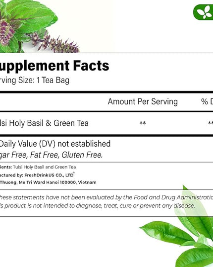 FreshDrinkUS, Premium 30 Tulsi Green Tea Bags, 100% Natural, Blend of Tulsi Holy Basil Leaves, and Green Tea Leaves. Made with Natural Material Tea Bags. No Sugar, Vegan.