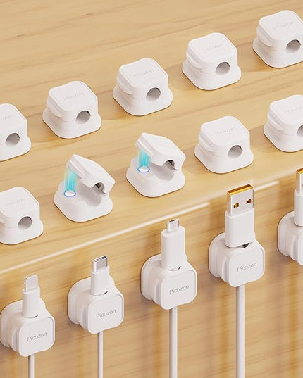 15 Pack Magnetic Cable Clip Organizer Cord Holder, Picozon Adhesive Cable Management, Wire Phone USB Charger Cable Holder, Keeper Organizer for Office Home Desktop Table - White