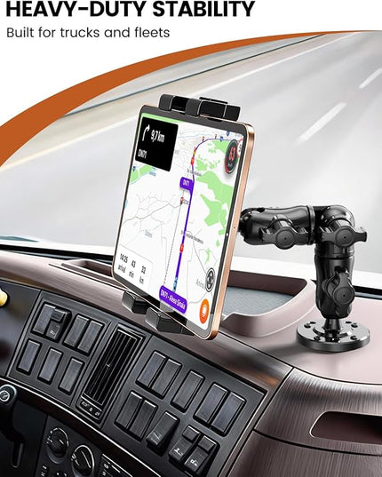 OHLPRO Heavy Duty Drill Base Tablet Mount for Truck Dashboard, 360° Rotating Adjustable Arm, Soporte para Tableta para Auto Fits 5–17 Inch Devices, Secure iPad Holder for Car & Commercial Vehicles