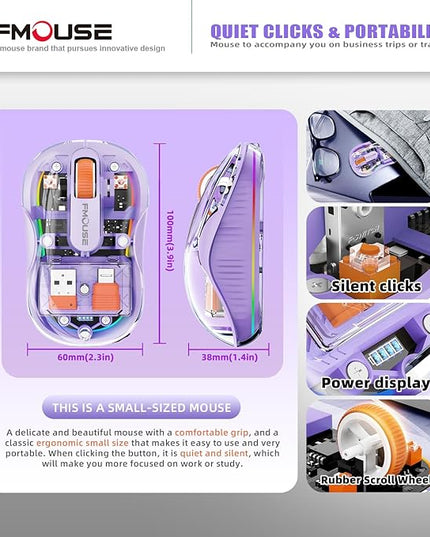 Stunning Transparent Wireless Mouse, Dual Bluetooth & 2.4GHz for Multi Device, USB-C Receiver Ideal for MacBook/Laptops, Rechargeable, Cool LED, Silent, for Girls & Small Hands - Purple