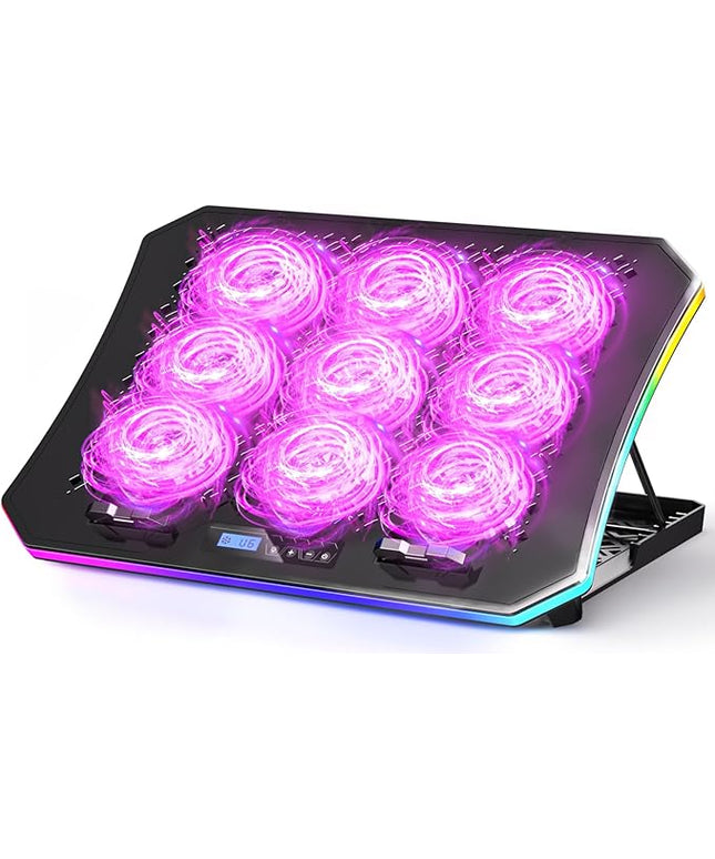 KeiBn Laptop Cooling Pad, Gaming Laptop Fan Cooling Pad with 9 Quiet Fans, RGB Laptop Cooler for 15.6-17.3 Inch, Cooling Pad for Laptop with 7 Height Stands, 2 USB Ports, Phone Stand-Purple