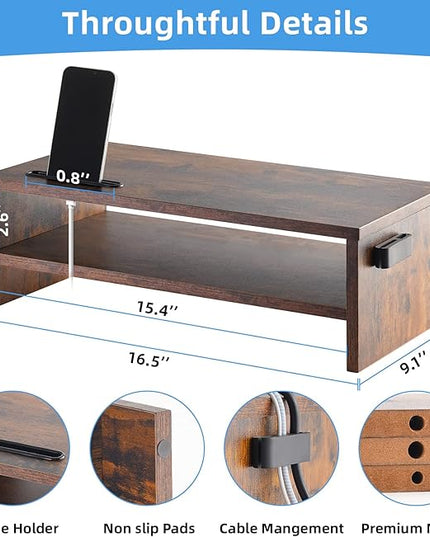 Marbrasse 16.5 Inch Monitor Stand, 2 Tier Computer Monitor Riser with Printer Shelf, Laptop Computer Screen Storage, Desktop Stand - Phone Holder & Cable Management (Vintage)