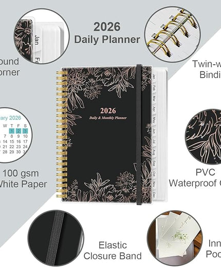 Daily Planner 2026 Full Page Per Day- 2026 Daily & Monthly Planner from January 2026 to December 2026, Day Planner 2026 with 12 Months Tabs, 6.4" x 8,5", Black Flowers