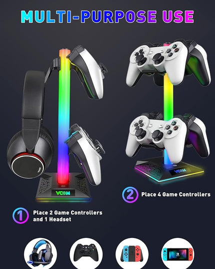 RGB Gaming Headphones Stand with 2 USB Ports Headset Stand with 10 Light Modes and Non-Slip Rubber, Suitable for All Earphone Accessories, Best Gift for Husband, Kids, Boyfriend