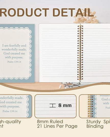 Blue Christian Spiral Journal Notebook 5.5x8.3in, I Am Fearfully and Wonderfully Made Psalm 139:14 Bible Prayer Journal, Preppy Blue Bible Notebooks for Note Taking, Hardcover Notebook