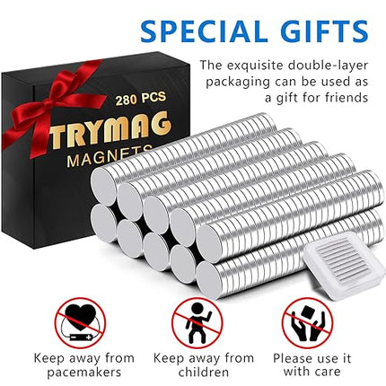 TRYMAG 280Pcs 5x1mm Small Strong Neodymium Magnets, Tiny Rare Earth Round Fridge Magnets for Whiteboard, Office, DIY, Science, Photo - Come with a Storage Case