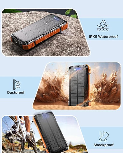 Solar Power Bank 49800mAh Wireless Portable Charger with USB-C 15W Fast Charging with 4 Built-in Cables LED Flashlight Battery Pack Compatible with iPhone, iPad, Smartphone,Perfect for Camping, Hiking
